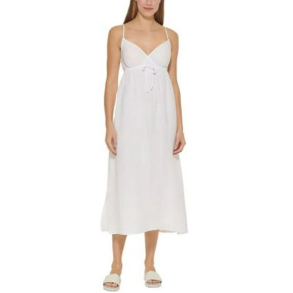DKNY White V Neck Front Tie Maxi Dress Cover Up Women's Medium Beach Pool